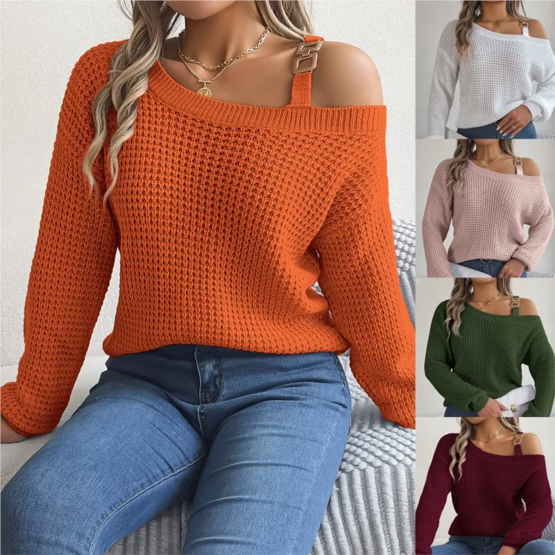 Autumn And Winter Women's Casual Orange Metal Buckle Splicing Off Shoulder Head Sweater Fashion Long Sleeve Slant Collar Sweater