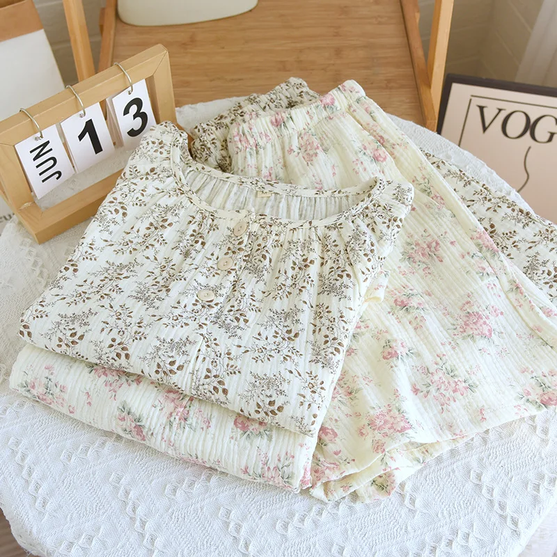 Summer Cotton Crepe Round Neck Short Sleeved Shorts Two-piece Pajama Set Loose Breathable Printed Home Clothing Women Sleepwear