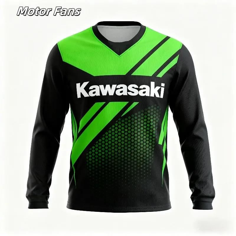 

Джерси с длинными рукавами Moto Fans Kawasaki, яркий зелено-черный дизайн с логотипом Kawasaki, идеально подходит для любителей мотоциклов.