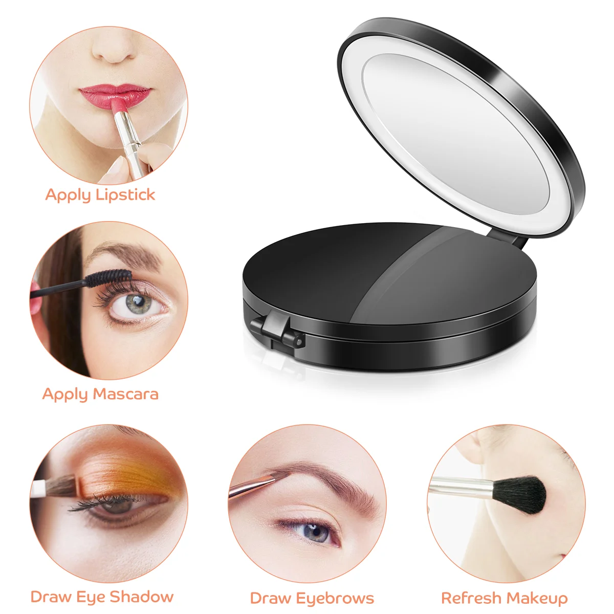 1PC Tri-fold LED Mirror Portable Round Makeup Mirror 1x/5x/10x