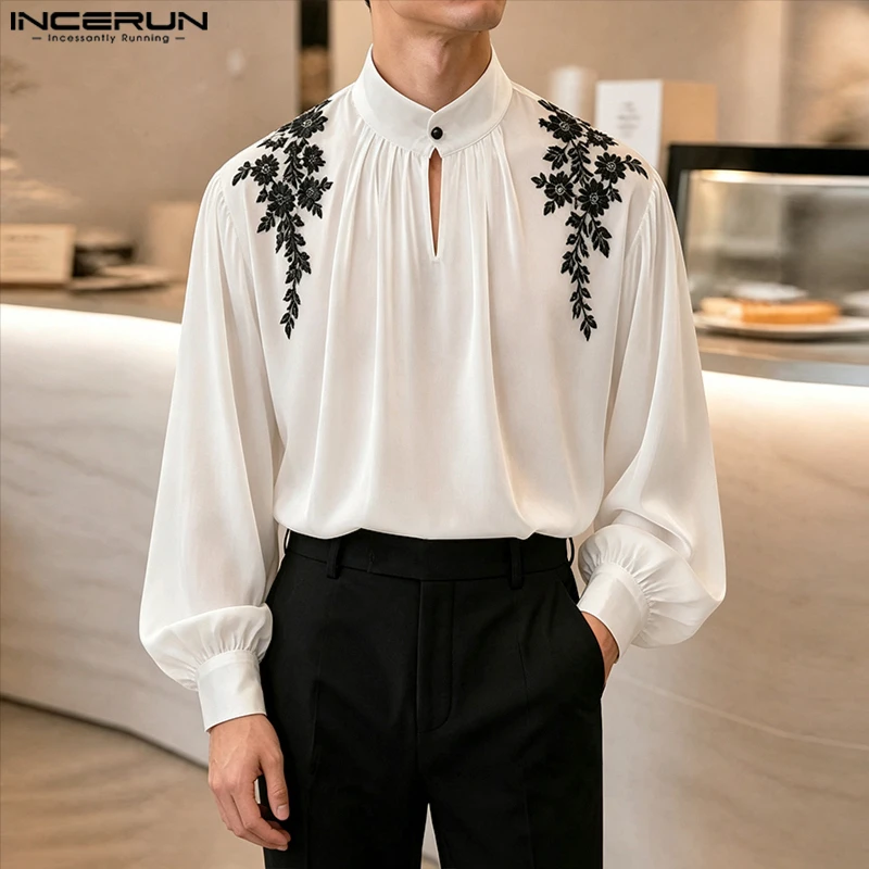 INCERUN Men's Shirt  Embroidery Stand Collar Long Sleeve Elegant Men Clothing Streetwear Fashion Casual Tops For Man Camisas
