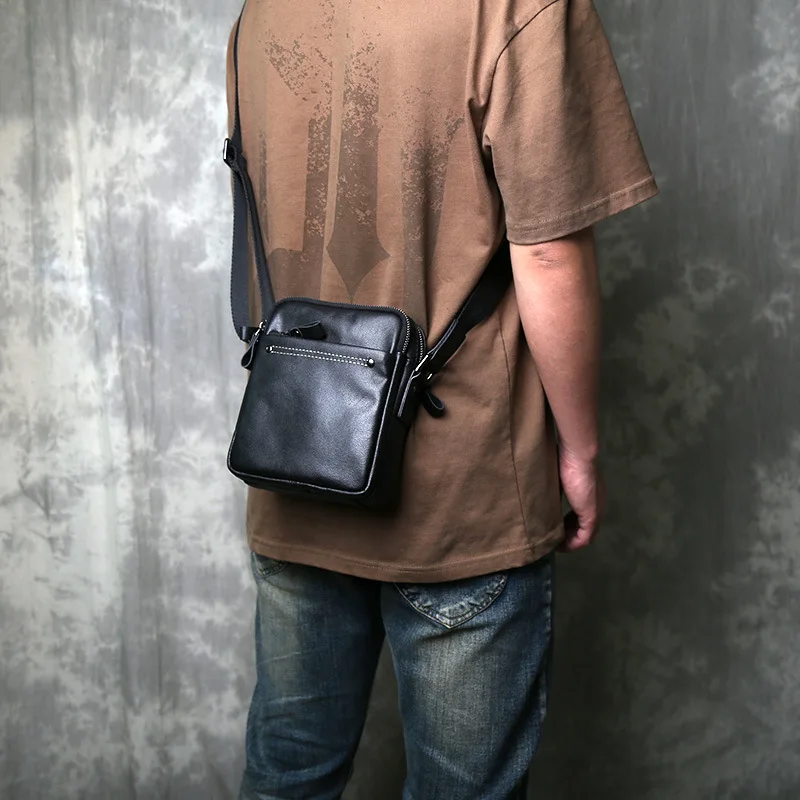 Men's Top Grain Leather Crossbody Bag, Vertical Design Casual Shoulder Bag with Phone Pocket, New Arrival
