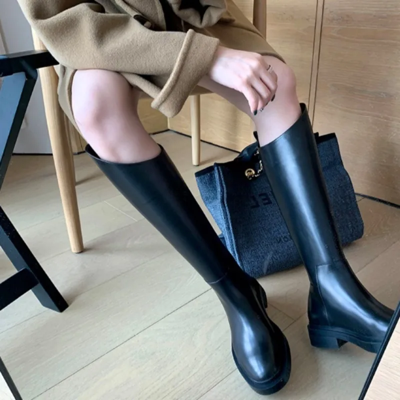 Black 3CM Irregular Bevel Mouth Knight Boots Women's Round Toe Middle Heels Side Zipper Leather Fashion Knee High Boots Autumn