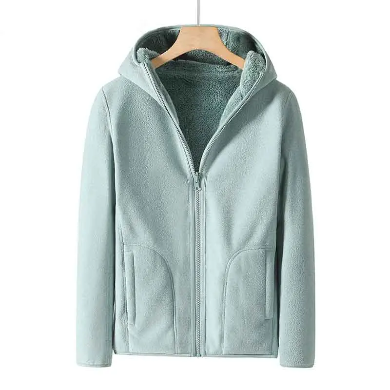 2023 Women's Winter Casual Solid Color Long Sleeve Hooded Zipper Jacket Coat Fleece Coral Velvet Wear On Both Sides Coat Veste