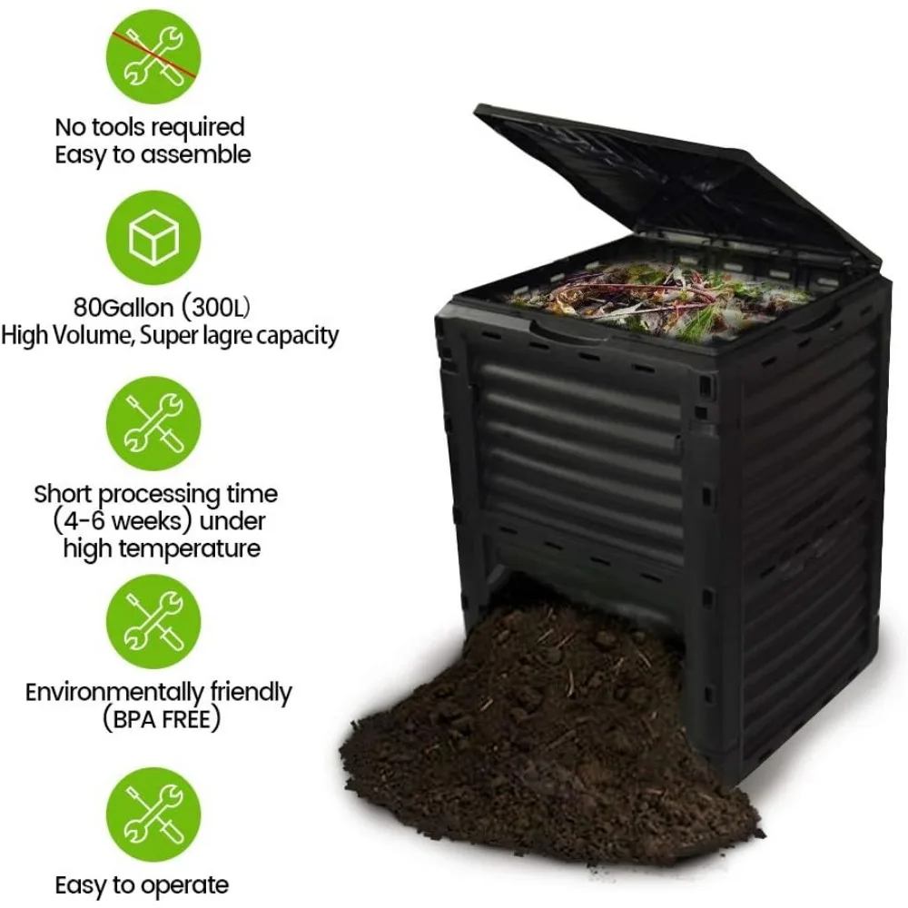 سلة سماد خالية من مادة BPA سعة 80 جالونًا، سهلة التجميع، سعة كبيرة لإنشاء التربة السريعة (أسود) #2