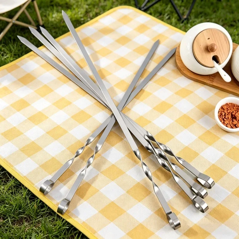 Wide Flat Stainless Steel BBQ Skewer 6Pcs Barbecue Sticks Fork Outdoor Camping Picnic Kitchen Grill Tool Accessories Supply Set