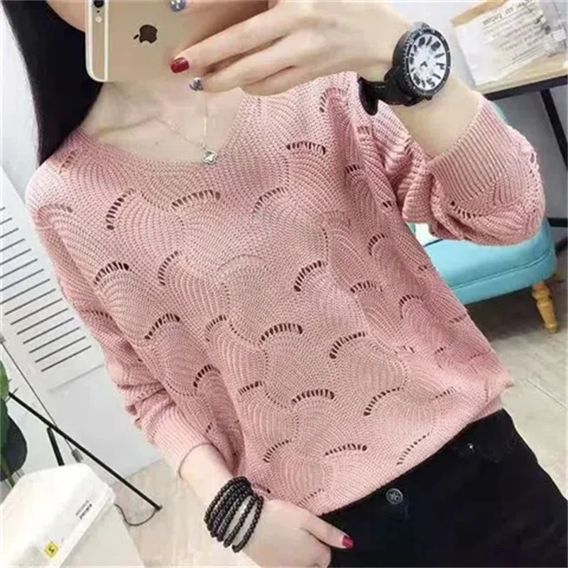 Autumn Winter V-neck Elegant Sweet Knitting Hollow Out Top Women Solid Casual Sweater Ladies Korean Style All-match Pullover2024