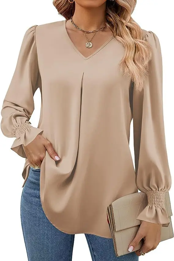 2024 Autumn Women\'s Shirt V-neck Flare Long Sleeve Fashion Solid Color Elegant Street Casual Blouses for Women