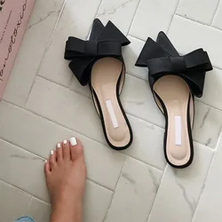 2024 Spring and Summer Women's Shoes Korean Silk Satin Pointed Bow Tie Slippers Baotou Flat Heel Sets Semi Slippers