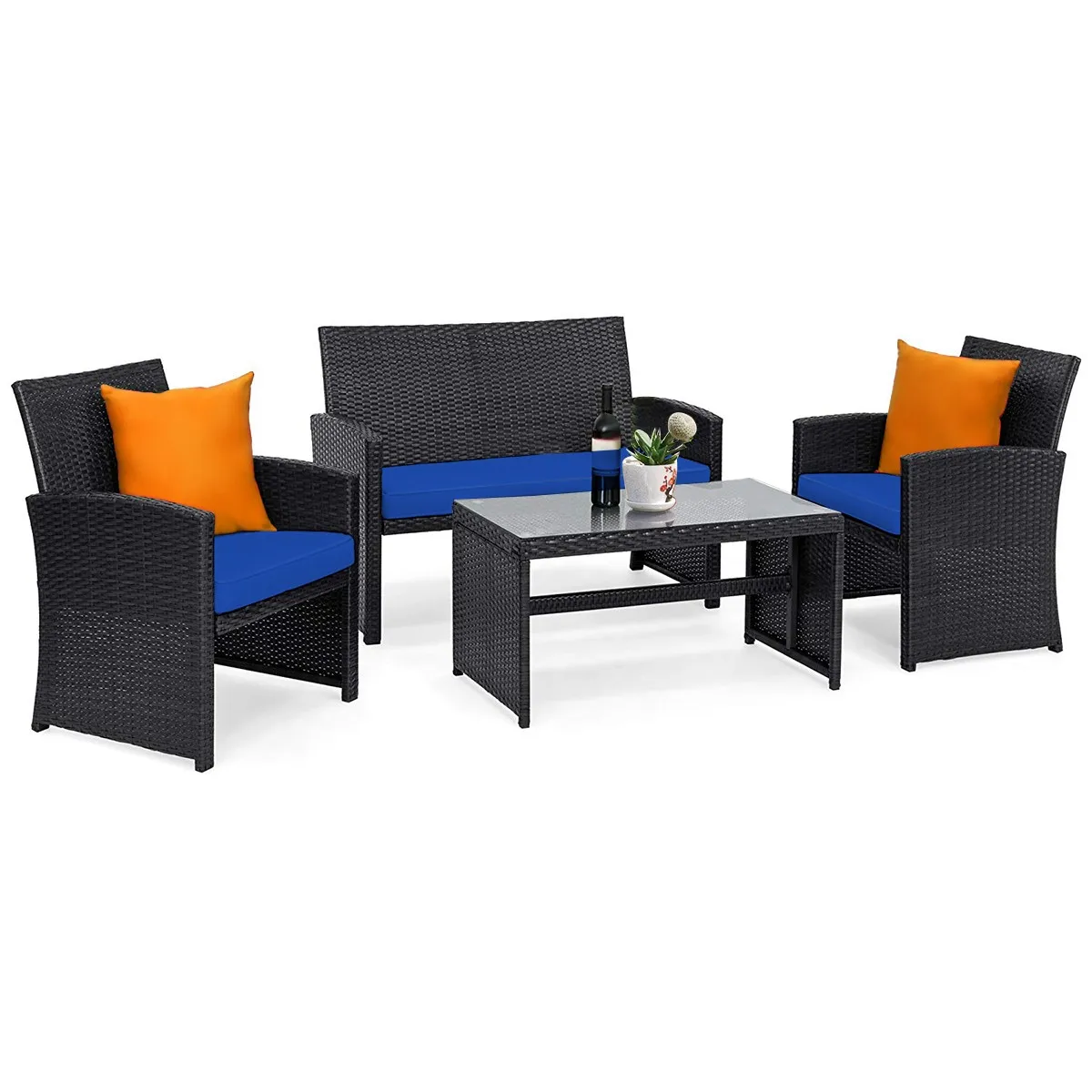 

4PCS Patio Rattan Furniture Conversation Set Cushion Sofa Table Garden Navy