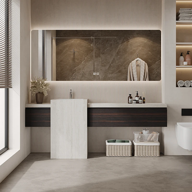 

Modern light luxury bathroom cabinet, rock slab seamless integrated basin, face washing and hand washing table customization