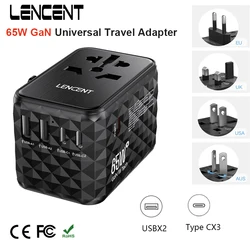 LENCENT 65W GaN Universal Travel Adapter with 2 USB Ports 3 Type C Fast Charging Power Adapter EU/UK/USA/AUS Plug for Travel