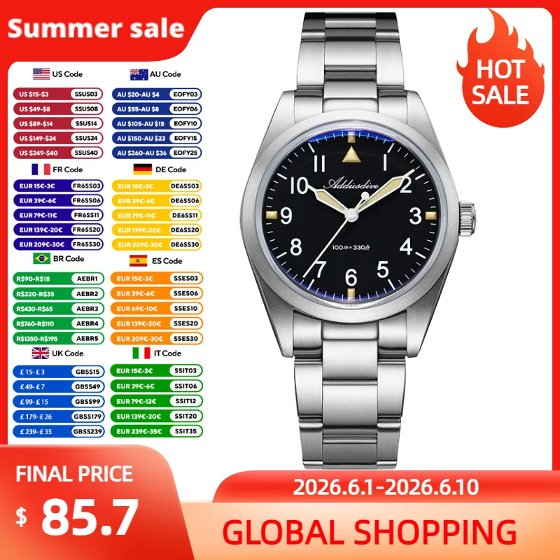 

ADDIESDIVE Luxury Men Quartz Wristwatch VH31 Movement Bubble Glass Titanium Alloy Watches 100m Waterproof Super Luminous Watch