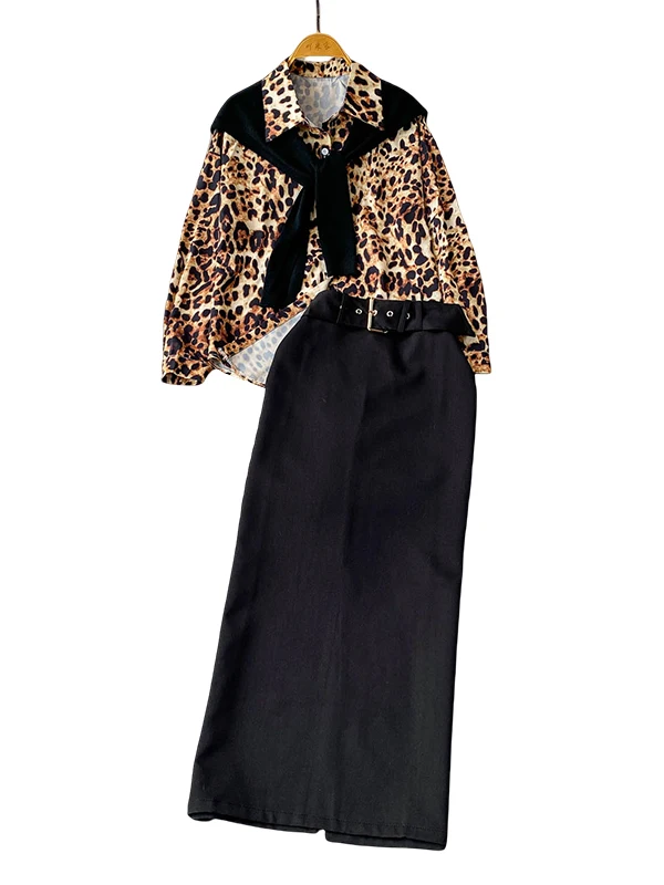 

Ele Leopard Print Long Sve irt High Waist Slim Fit f Body Skirt Tee Piece Set Faionable Busin Casual Women...