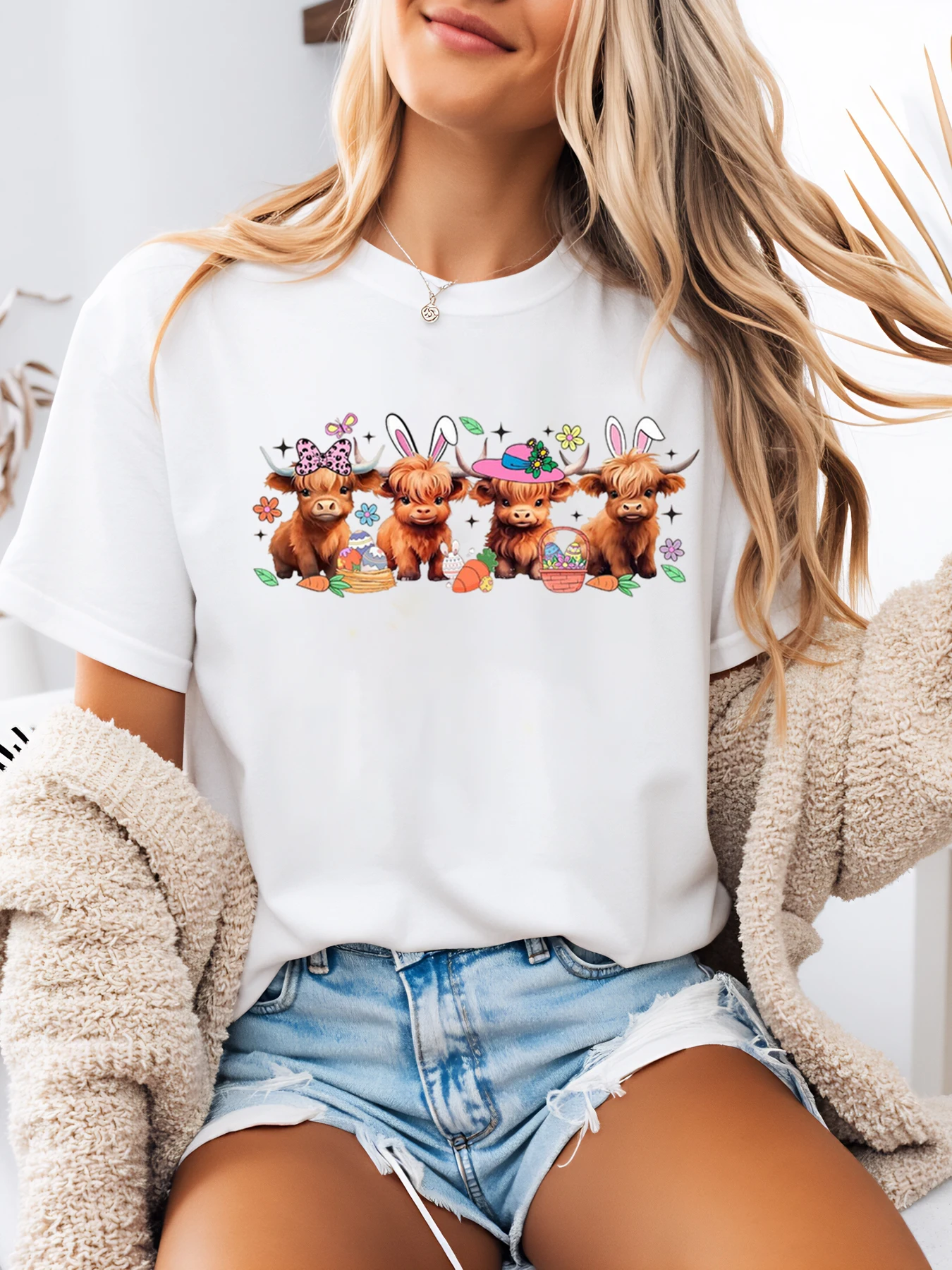 

Easter Cows with Bunny Ears and Flowers Print t Shirt Easter Women Casual Outfit White Plus-Size