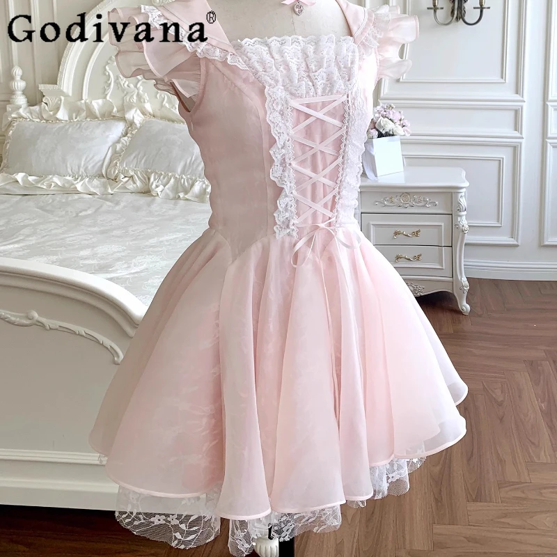 Vestido de princesa estilo balé japonês, vestido feminino de verão com laço e manga esvoaçante, rosa, cintura alta, lolita, doce