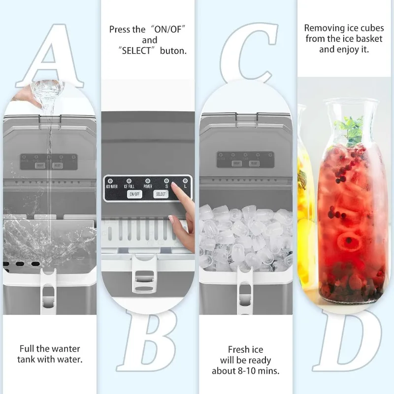 Máquina de hielo portátil para encimera, con asa de transporte, autolimpieza, cesta y cuchara, 9 cubos en 6 minutos, 26,5 libras/24 horas, 2 tamaños