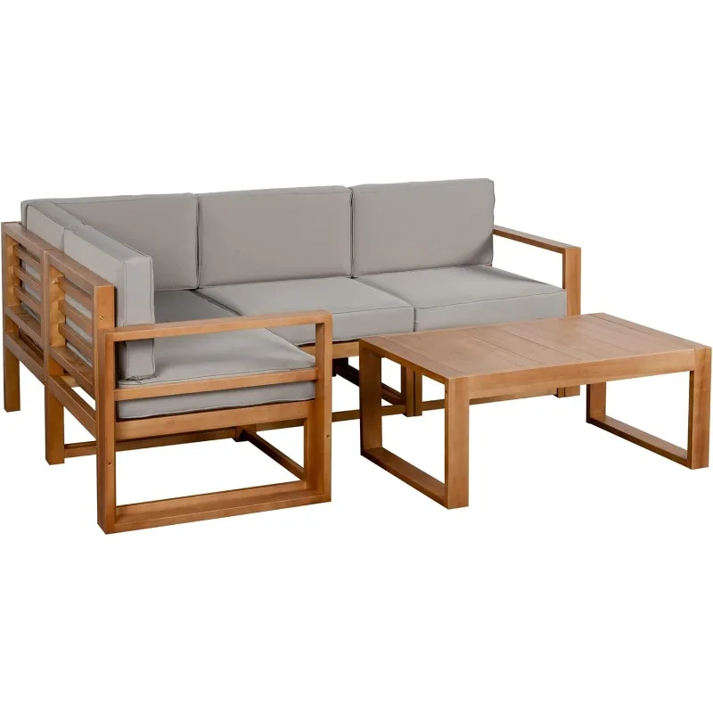 4 Seater L Shaped Patio Furniture Set with Coffee Table and Cushions, Wood Outdoor Sectional Sofa Conversation Set for Garden