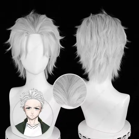 Peluca de Cosplay Umemiya Hajime, pelucas sintéticas resistentes al calor de pelo corto esponjoso blanco plateado de 30cm