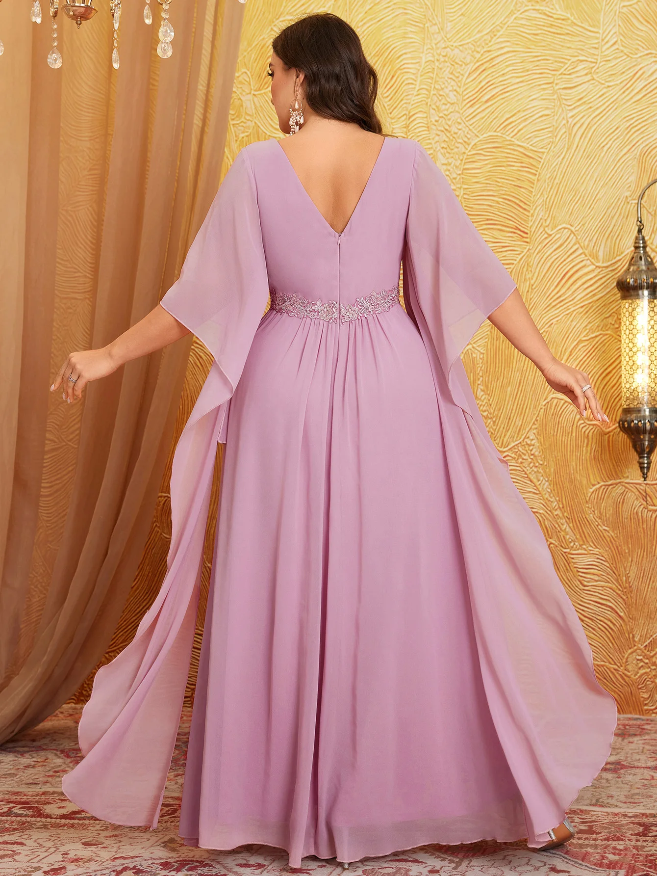 فستان UNITHORSE مقاس كبير للسيدات برقبة على شكل حرف V وخصر مطرز وأكمام تشبه جناح الخفّاش ماكسي فستان شيفون لخادمة الشرف #2