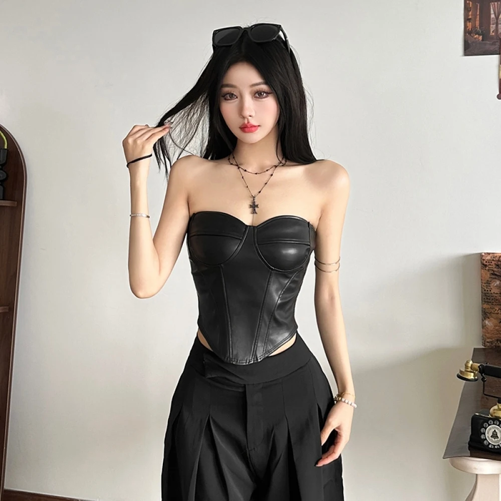 SylCue PU Leather Tank Tops Woman Sexy Chest Wrap Off Shoulder Backless Shape Waist Hot Girls Sexy Fashion Classic Streetwear