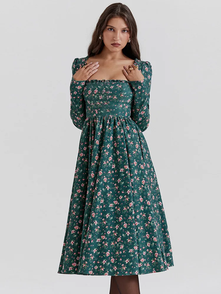 

Mozision Floral Print Long Sleeve Midi Dress For Women Gown Fashion Autumn New Square Collar Backless Pleated Dress Elegant