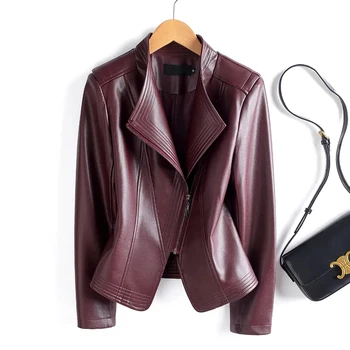 ג'קט עור כבשים במידות M-5XL לנשים, גזרה קצרה ומחולקת, מעילים מעור שחור/אדום מודרניים לנשים