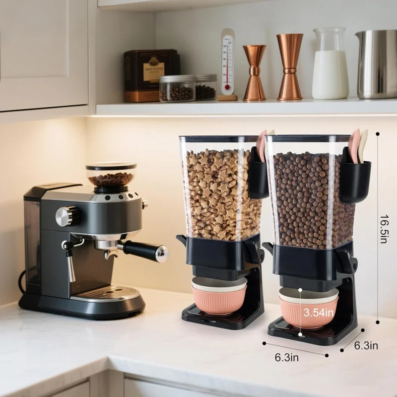 موزع الحبوب كونترتوب أسود 2 عبوة مع أوعية ملاعق صندوق أدوات المائدة، 5.5 كيو تي موزع الطعام الجاف منظم الوجبات الخفيفة حاويات Stor