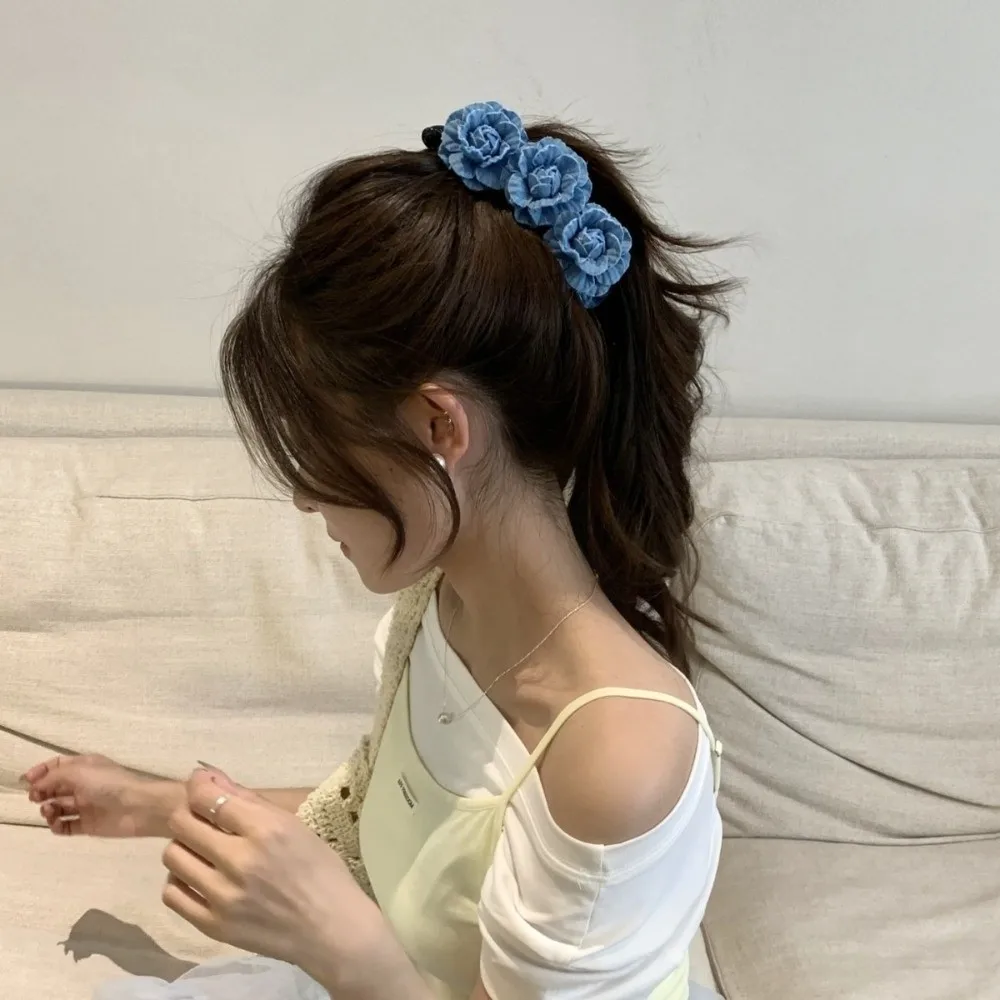 

Elegant Denim Blue Flower Banana Clips Korean Style Camellia Women Vertical Clip Plastic Cloth Floral Twisted Hair Clip Daily