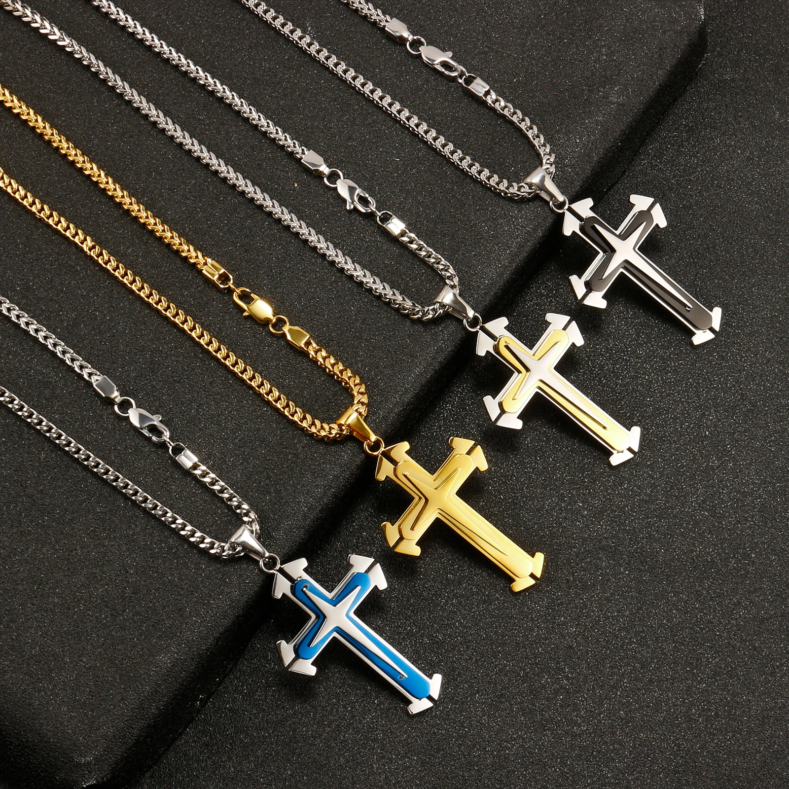 Hip Hop Punk Stacking Cross Pendant Necklace for Men Women Stainless Steel Link Choker Chain Fashion Jewelry Accessories Gifts