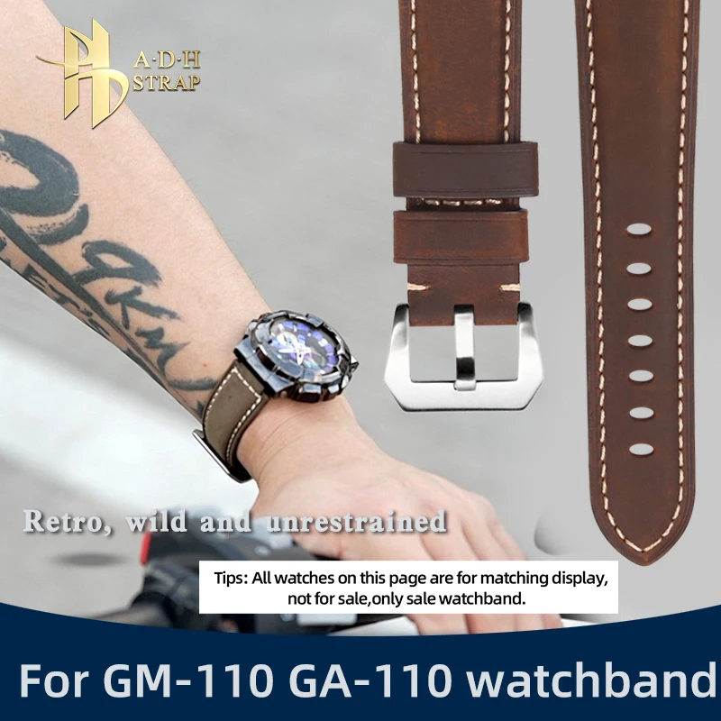 Correa de reloj de piel de vaca esmerilada Retro para Casio G-SHOCK GM-110 GA-110/100, pulsera de cañón de acero pequeño GM-110 modificada