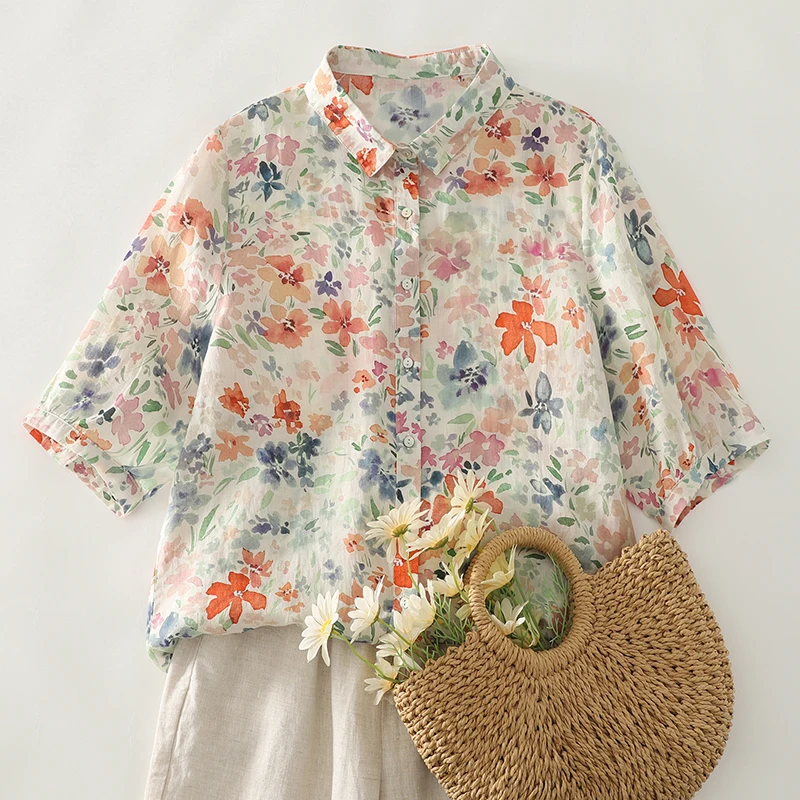 Country Style Floral Print Shirt Monet Garden Floral Half Sleeve Women's Top  Summer Polyester Fiber 100% Ladies Shirt
