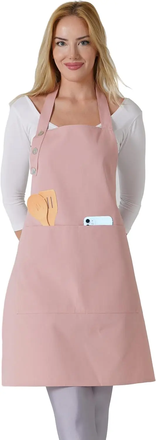 

Water-Resistant Cotton Kitchen Apron for Women with Adjustable Straps and Pockets, Available in 10 Colors Including Powder Pink