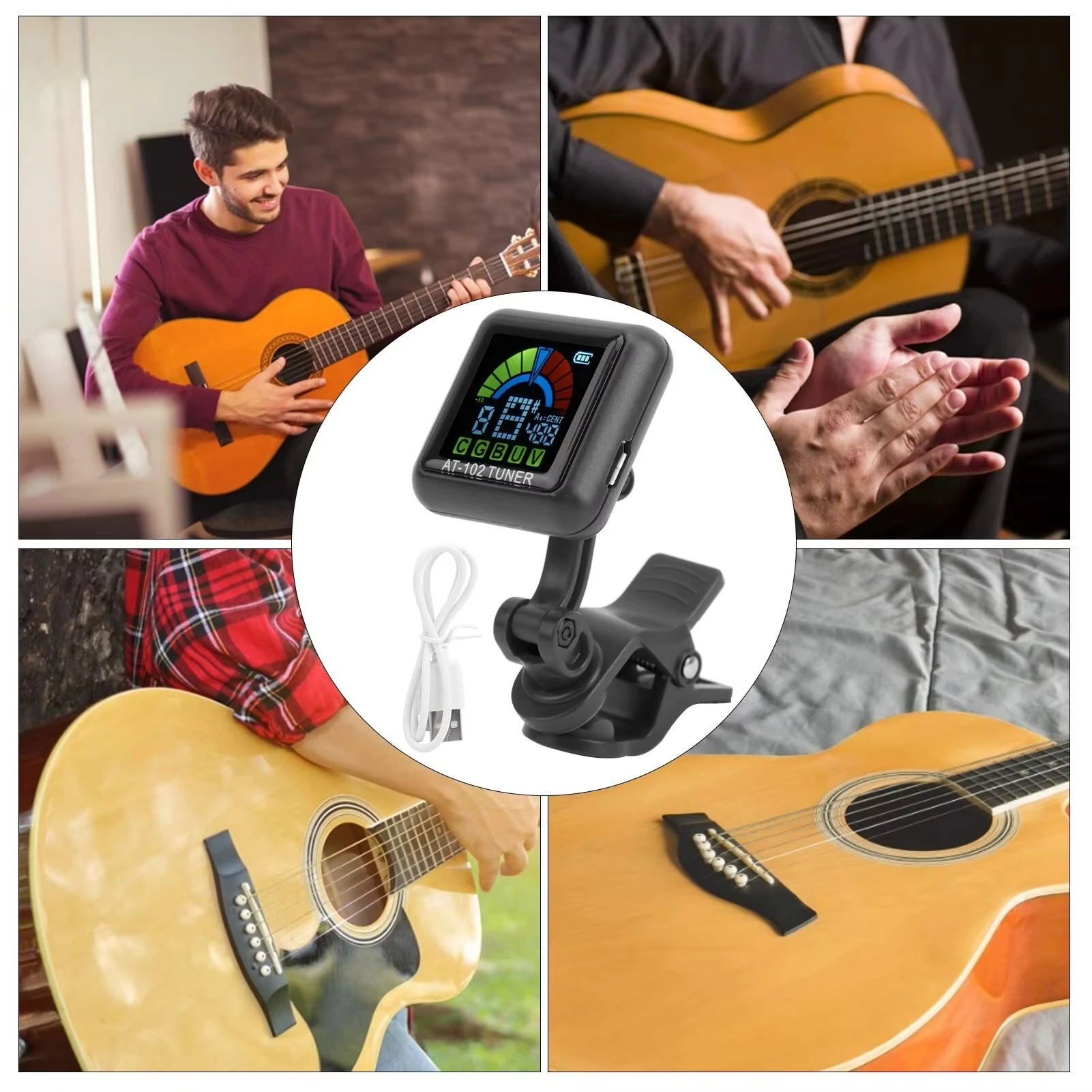 Aroma AT-102 Rechargeable Guitar Tuner with Editing, Color Screen, Built in Battery, Color Guitar USB Cable, Bass, Quartet