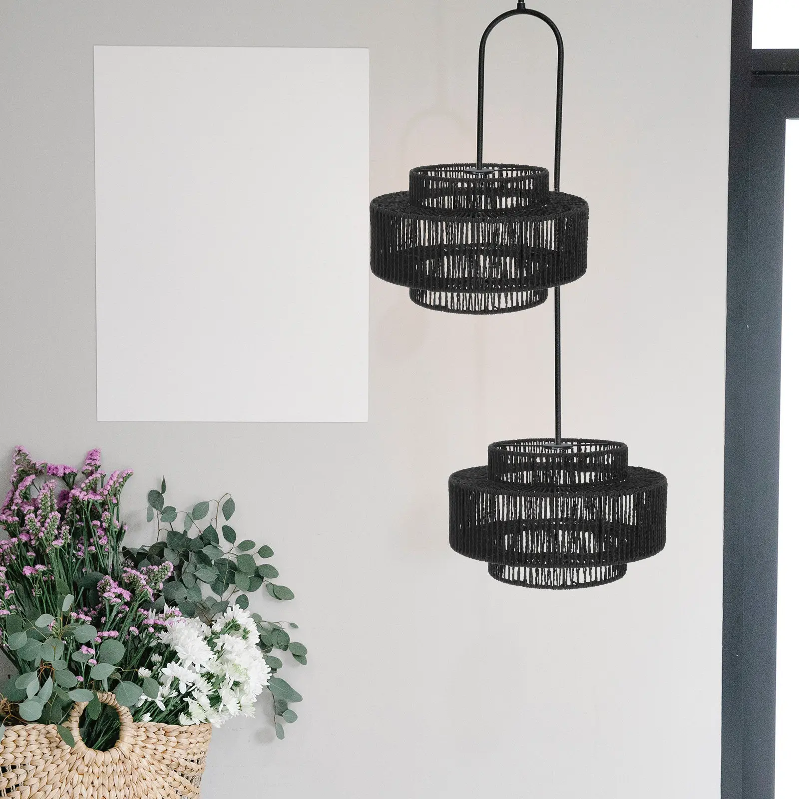 Rattan Pendant Lamp Shade Large Vintage Woven Paper Rope Lampshade Hanging Light Fixture for Home Restaurant Cafe