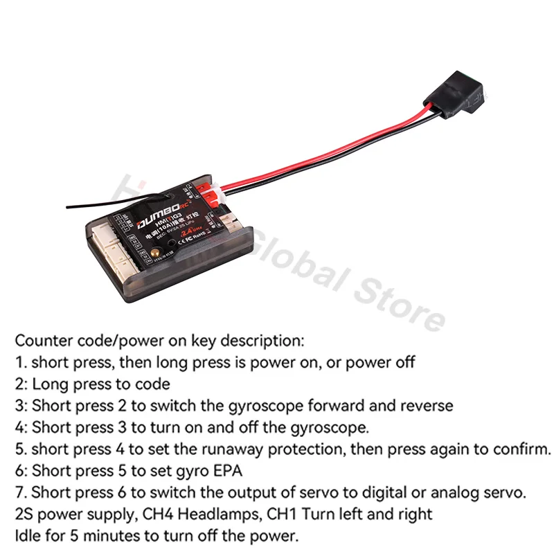 DUMBORC 3 in1 2.4G Gyro Reciver 10A Brushed ESC 5V/2A BEC 2S Lipo Light Controller for RC Vehicle Car Boat Ship Model Parts