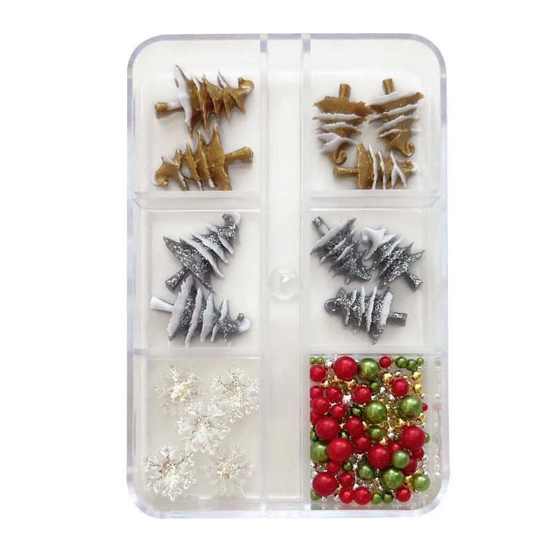 6-delige kerst nail art accessoire set 3D kerstboom nagel tops transparante sneeuwvlok hars nagel studs kleine decoratieve stukken