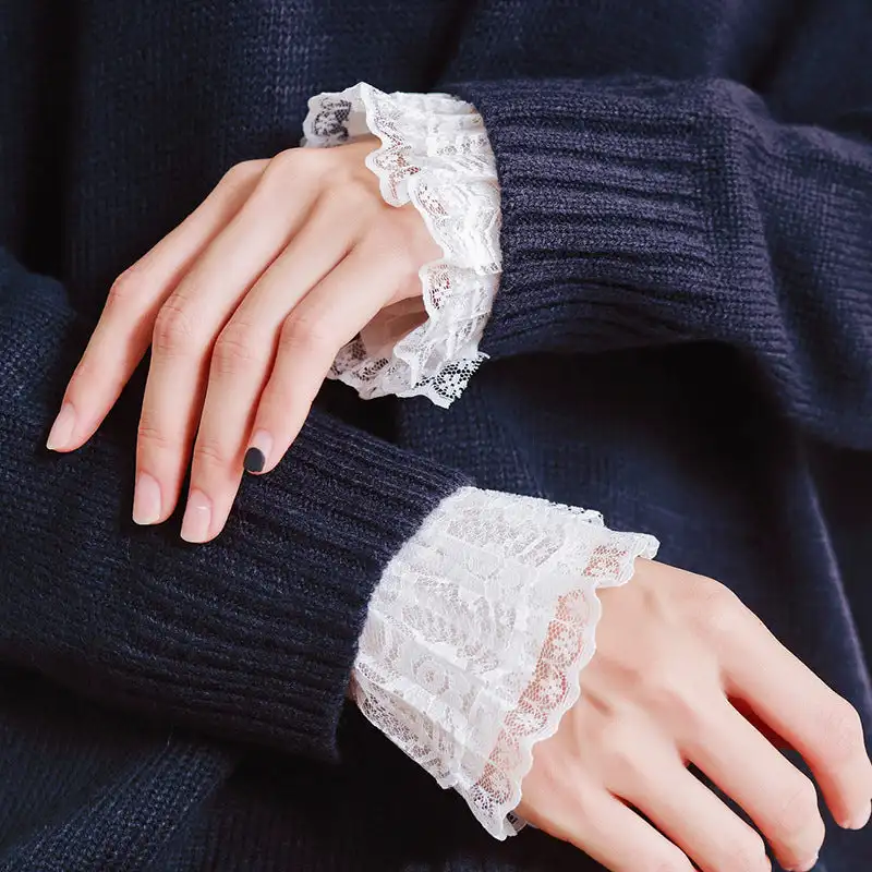 Female Sweater Fake Sleeves Hollow Out Crochet Floral Lace Horn Cuffs Embroidery Flounces Ruffles Elastic Wrist Warmers