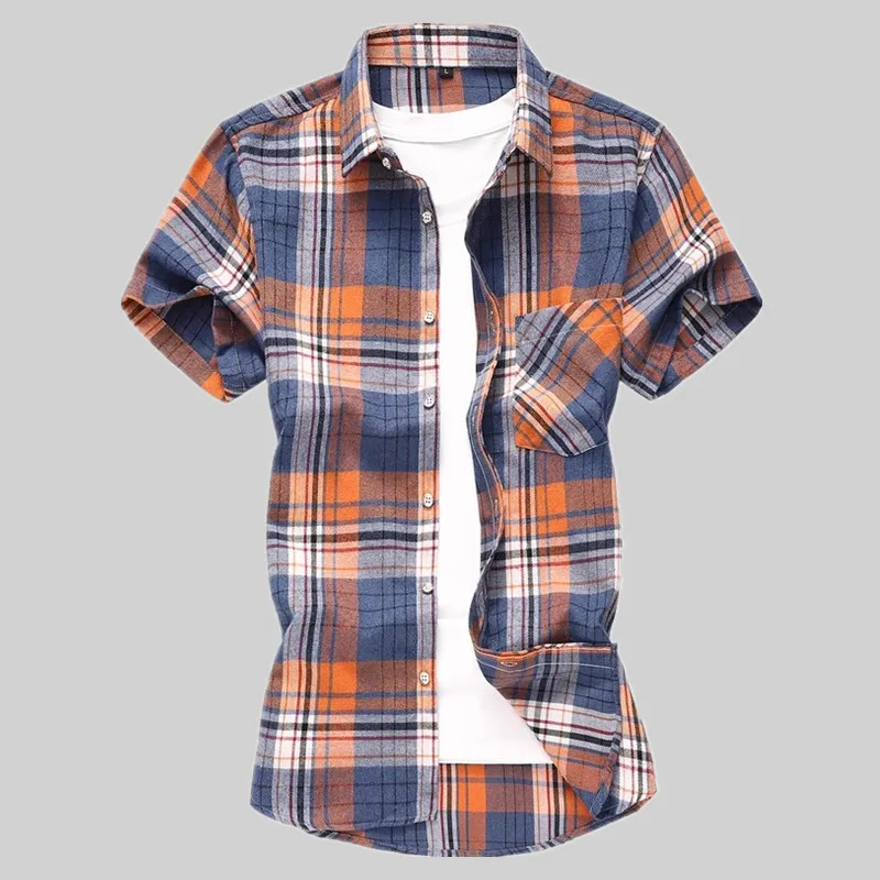 Striped Plaid Short-sleeved Shirt Men\'s Single-breasted Square Collar Cotton Shirts Summer Fashion Casual Camisa Men Chemise 7XL