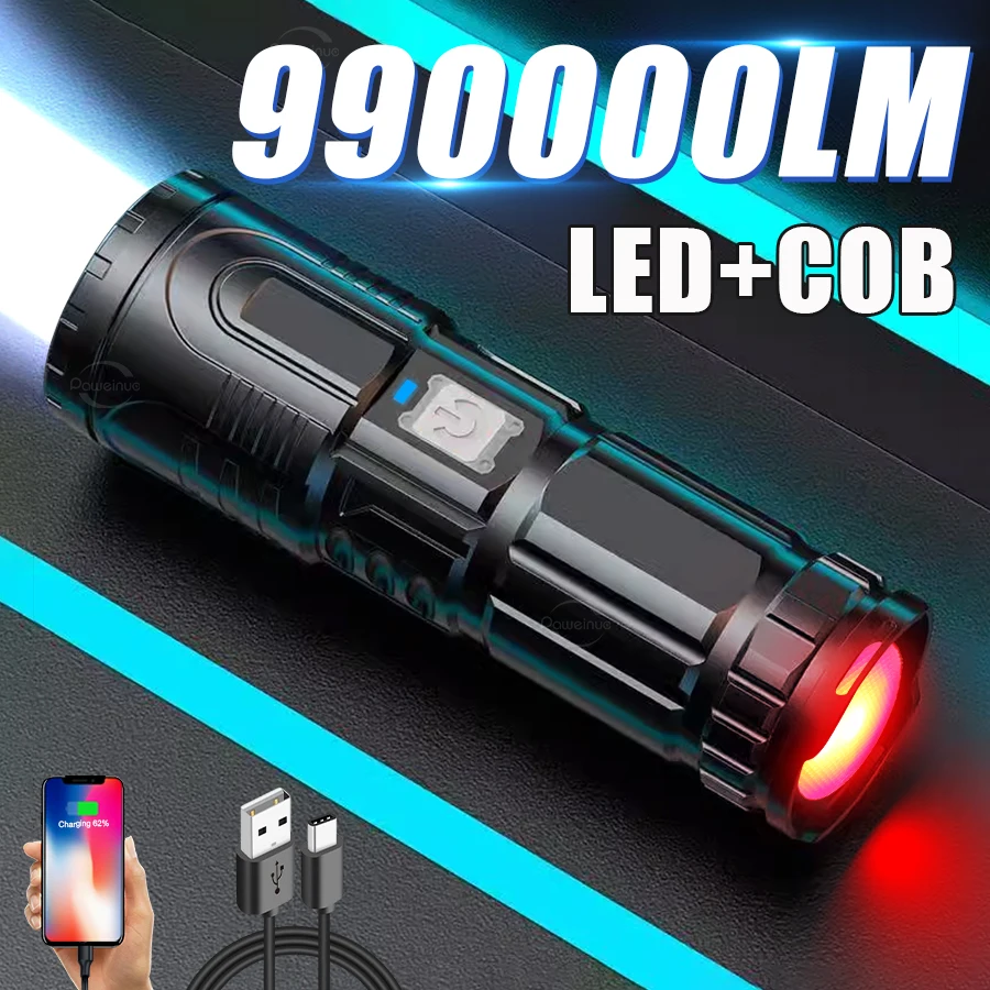 

High Power Strong Light LED Flashlight 990000LM Tactical Lantern Portable Rechargeable Lamp COB Light Outdoor Emergency Lights