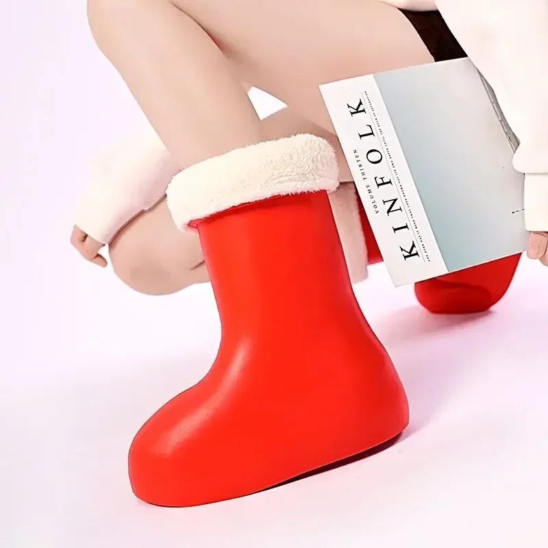 2024 Astro Boy Plus Velvet The Same Style Red Boots High Top Round Toe Wear Mid-calf Rain Boots Thicken Water Proof Fashion Gift