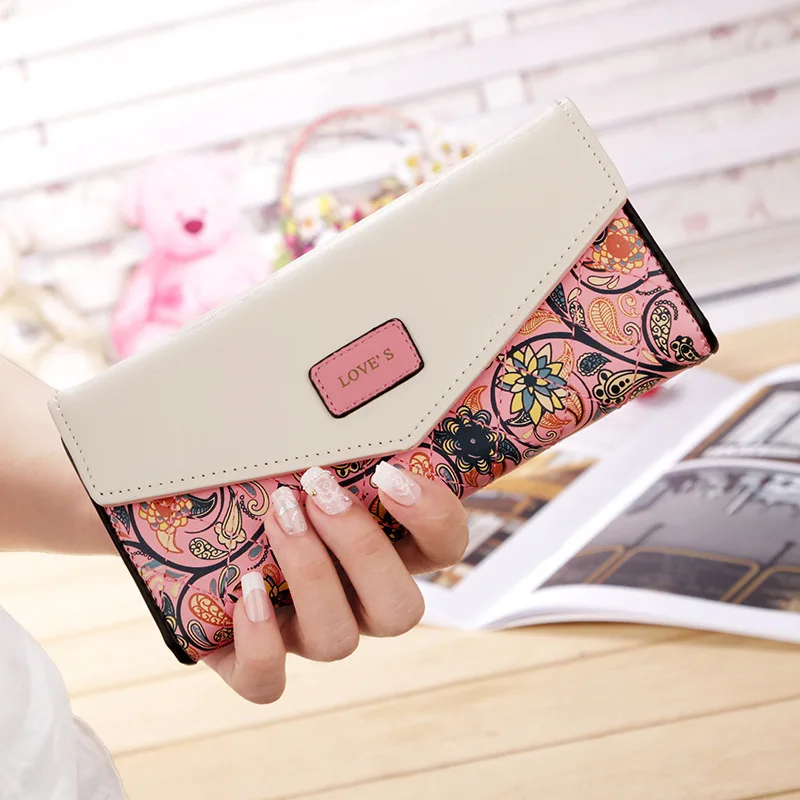 Women Envelope Floral Long Wallet Hit Color Tri-fold Flowers Printing Female Pu Leather Hasp Coin Purses Lady Clutch Phone Bag