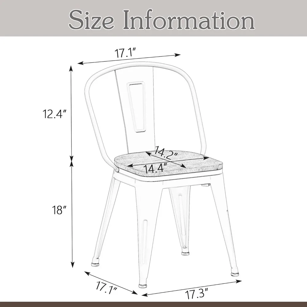 Alunaune 18 بوصة كراسي تناول الطعام المعدنية مجموعة من 4 كراسي عالية الظهر كلاسيكية أنيقة من الحديد مزرعة كراسي صناعية قابلة للتكديس مقاعد القهوة