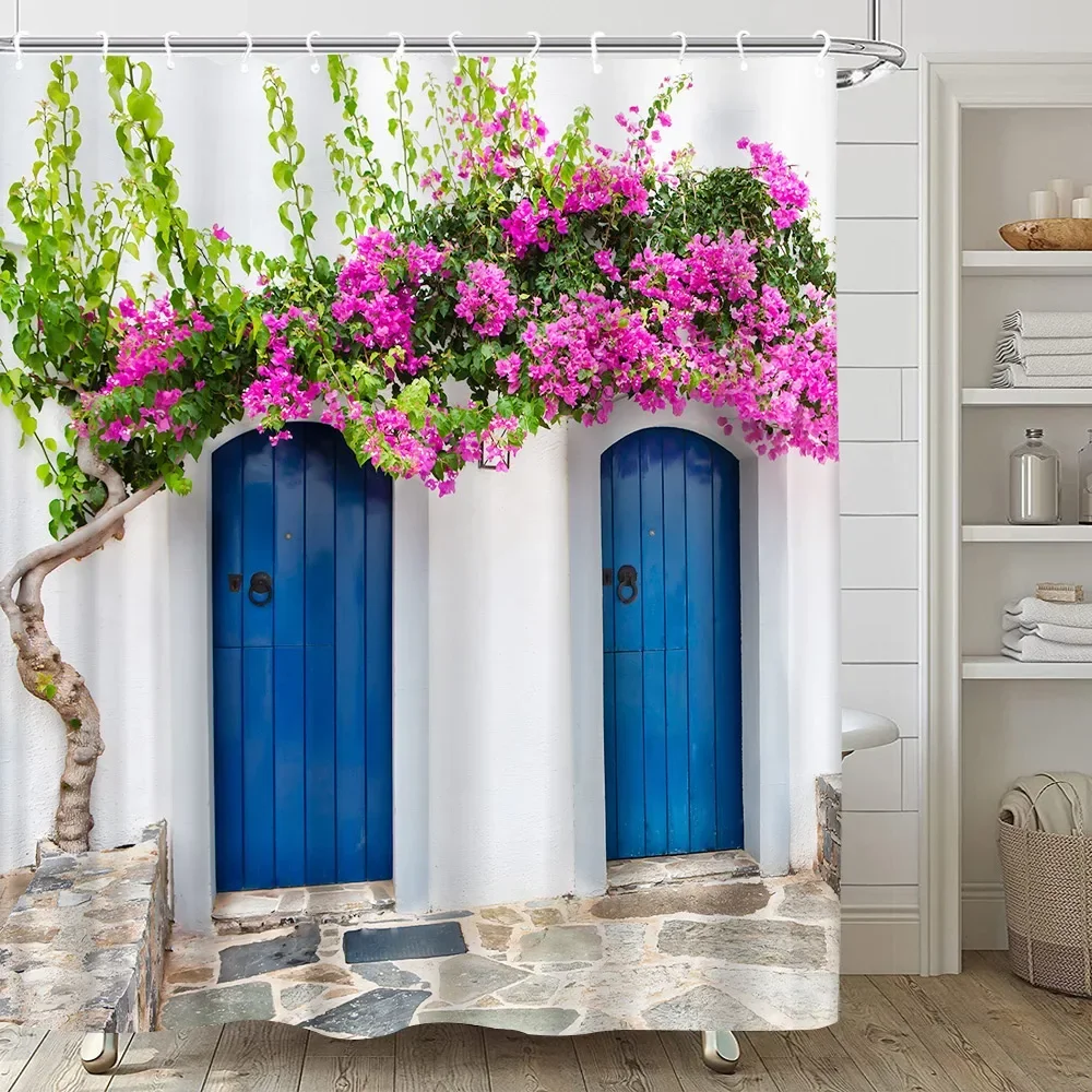 Greek Town Street Scenery Shower Curtain Blue Wooden Doors Flower Plant Bathroom Decor Hanging Curtain Bathtub Screen with Hooks