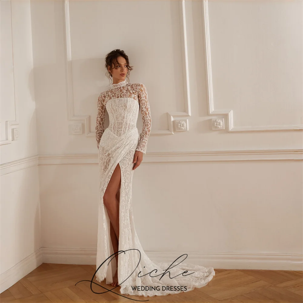 QICHE Luxury Lace Mermaid Wedding Dresses Long Sleeve High Collar High Slit Pleat Formal Party Gown Vestidos De Noiva Customized