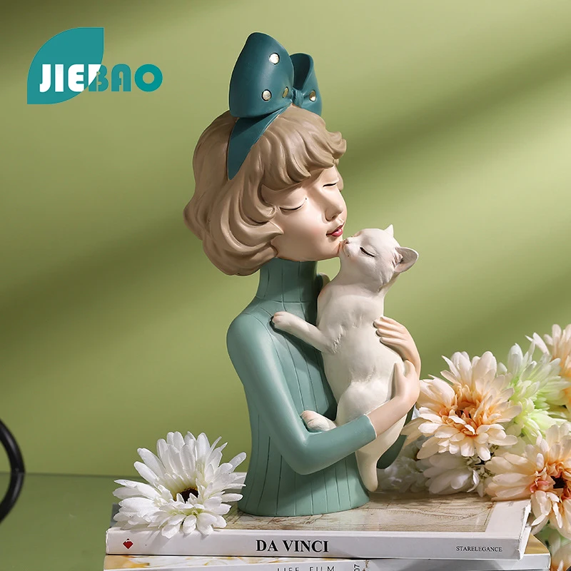 Nordic Girl Hugging Dog Resin Sculpture Figurines Statue For Interior Home Livingroom Decoration