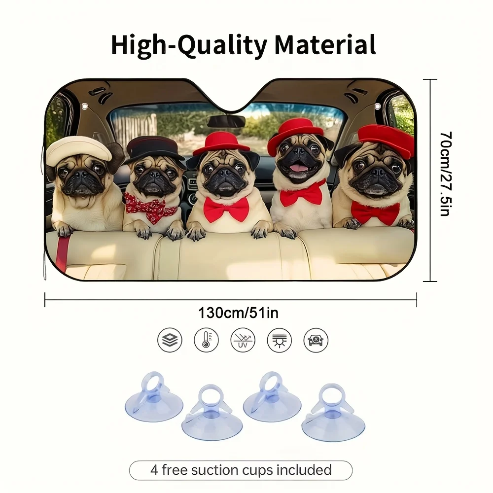 1pc Easter Bago Racing Team Print Car Sunshade With 4 Pug Puppies In Hats & Bow Ties Design - Stylish & Efficient Heat-Resistant