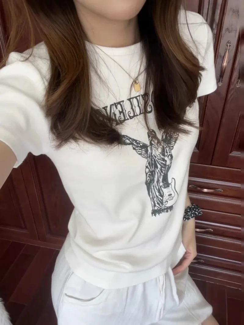 

White Letter Print T-shirt Women New Streetwear Cotton Round Neck Short Sleeve Tee Shirt Casual Vintage Sweet Tshirts Y2K Tops
