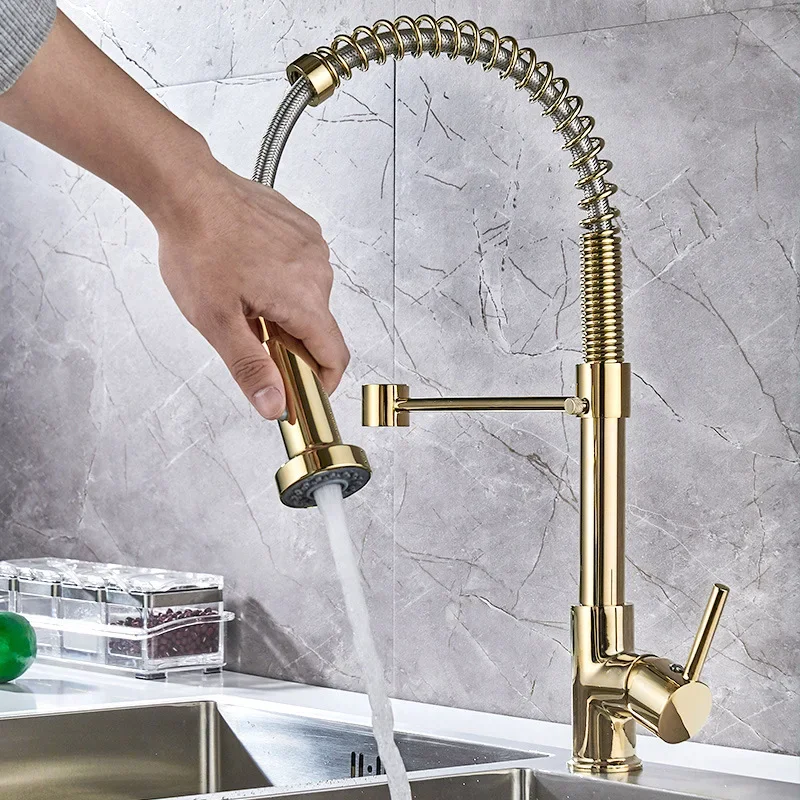 All-Copper Spring-Loaded Faucet for Kitchen Sink, Swivel and Pull-Out, Black and Gold Painted