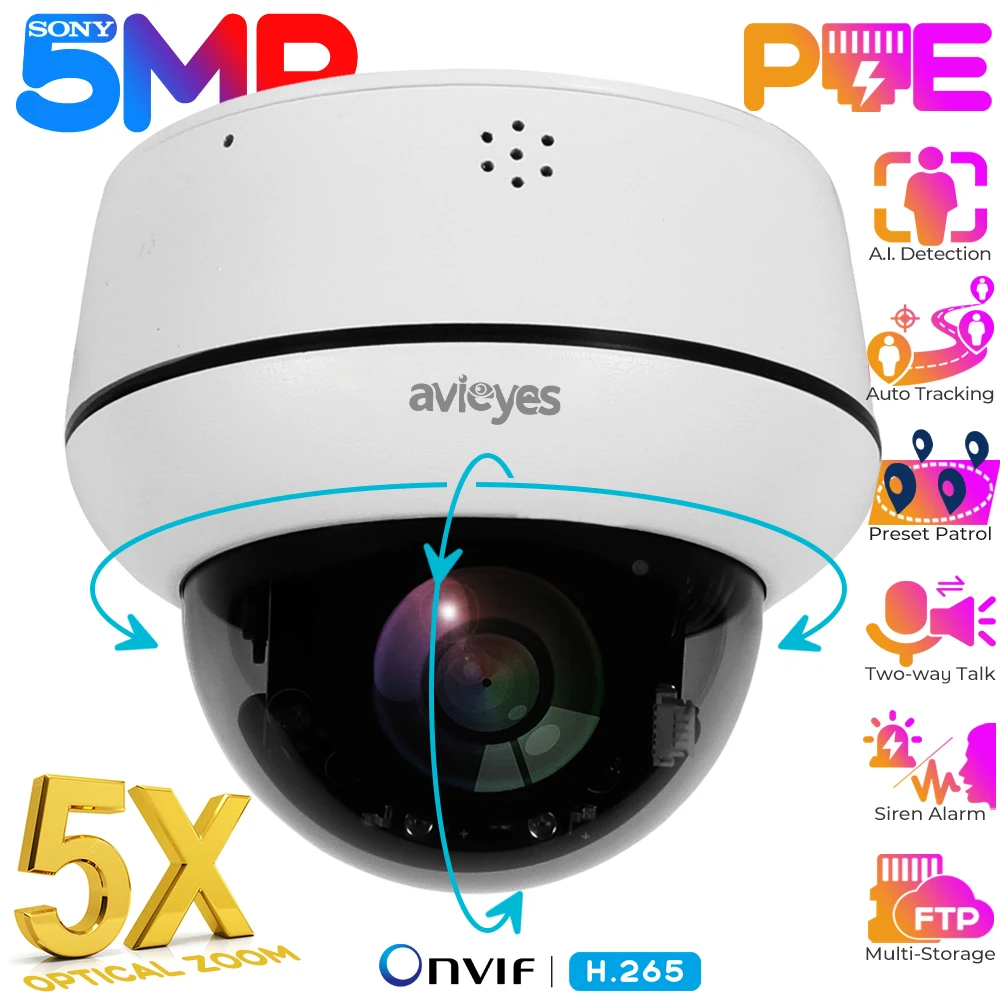 

Купольная IP-камера UHD 5 Мп 5-кратный оптический зум PoE PTZ, наружные камеры видеонаблюдения с автоматическим отслеживанием, двухстороннее аудио, проводная стандартная камера, камера